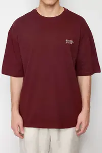 MAN Burgundy Oversized 100% Cotton Crew Neck Minimal Text Printed Tok Material T-Shirt - Image 5