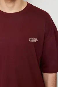 MAN Burgundy Oversized 100% Cotton Crew Neck Minimal Text Printed Tok Material T-Shirt - Image 6