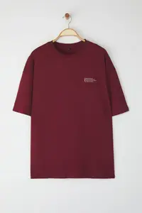 MAN Burgundy Oversized 100% Cotton Crew Neck Minimal Text Printed Tok Material T-Shirt - Image 7