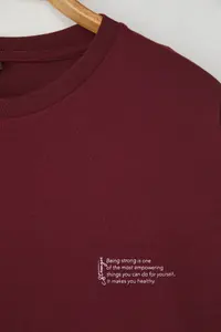 MAN Burgundy Oversized 100% Cotton Crew Neck Minimal Text Printed Tok Material T-Shirt - Image 8