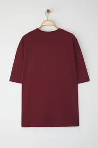 MAN Burgundy Oversized 100% Cotton Crew Neck Minimal Text Printed Tok Material T-Shirt - Image 9