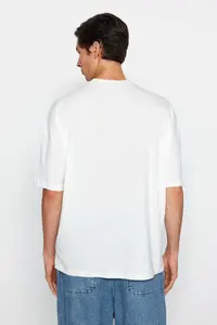 MAN Ecru Oversized 100% Cotton Minimal Text Printed Tok Material T-Shirt - Image 2