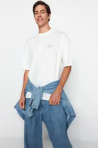 MAN Ecru Oversized 100% Cotton Minimal Text Printed Tok Material T-Shirt - Image 3