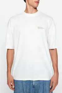 MAN Ecru Oversized 100% Cotton Minimal Text Printed Tok Material T-Shirt - Image 4