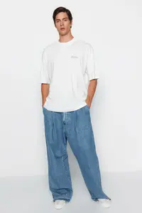 MAN Ecru Oversized 100% Cotton Minimal Text Printed Tok Material T-Shirt - Image 5