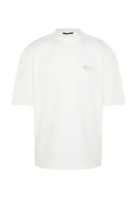 MAN Ecru Oversized 100% Cotton Minimal Text Printed Tok Material T-Shirt - Image 6