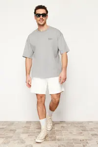 MAN Gray Oversized 100% Cotton Crew Neck Minimal Text Printed T-Shirt