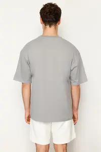 MAN Gray Oversized 100% Cotton Crew Neck Minimal Text Printed T-Shirt - Image 2
