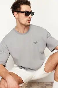 MAN Gray Oversized 100% Cotton Crew Neck Minimal Text Printed T-Shirt - Image 4