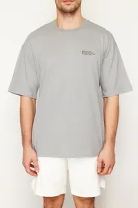 MAN Gray Oversized 100% Cotton Crew Neck Minimal Text Printed T-Shirt - Image 5