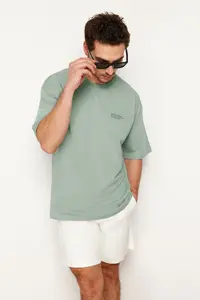 MAN Dark Mint Oversized 100% Cotton Crew Neck Minimal Text Printed Tok Material T-Shirt - Image 2