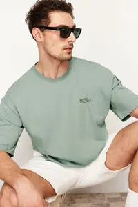 MAN Dark Mint Oversized 100% Cotton Crew Neck Minimal Text Printed Tok Material T-Shirt - Image 3