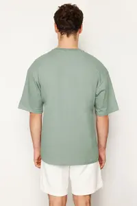 MAN Dark Mint Oversized 100% Cotton Crew Neck Minimal Text Printed Tok Material T-Shirt - Image 5