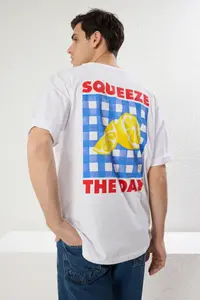 MAN White Oversized/Wide Cut Lemon Printed 100% Cotton T-Shirt
