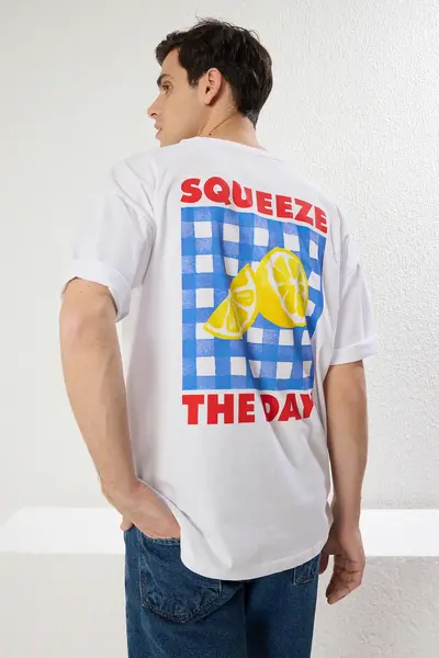 MAN White Oversized/Wide Cut Lemon Printed 100% Cotton T-Shirt