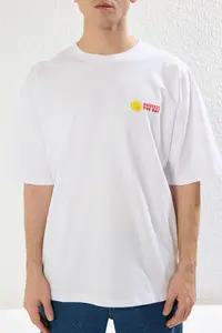 MAN White Oversized/Wide Cut Lemon Printed 100% Cotton T-Shirt - Image 3