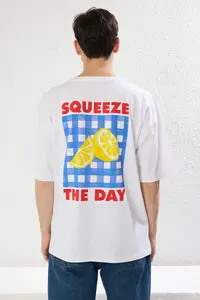 MAN White Oversized/Wide Cut Lemon Printed 100% Cotton T-Shirt - Image 5