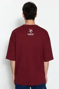 MAN Burgundy Oversized/Wide Cut 100% Cotton Minimal Text Printed T-Shirt - Image 2