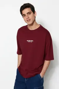 MAN Burgundy Oversized/Wide Cut 100% Cotton Minimal Text Printed T-Shirt - Image 3