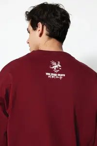 MAN Burgundy Oversized/Wide Cut 100% Cotton Minimal Text Printed T-Shirt - Image 4