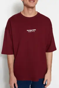 MAN Burgundy Oversized/Wide Cut 100% Cotton Minimal Text Printed T-Shirt - Image 5