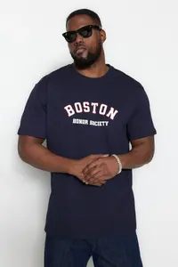 MAN Plus Size Navy Blue Oversized/Wide Cut City Printed 100% Cotton T-Shirt