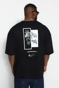 MAN Black Plus Size Oversized/Wide Cut Comfortable Floral Printed 100% Cotton T-Shirt - Image 2