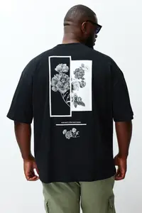 MAN Black Plus Size Oversized/Wide Cut Comfortable Floral Printed 100% Cotton T-Shirt - Image 4