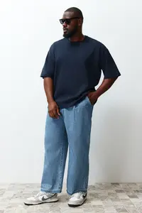 MAN Plus Size Navy Blue Oversized/Wide Cut 100% Cotton T-Shirt - Image 2