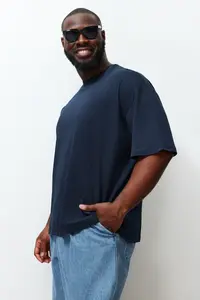 MAN Plus Size Navy Blue Oversized/Wide Cut 100% Cotton T-Shirt - Image 3