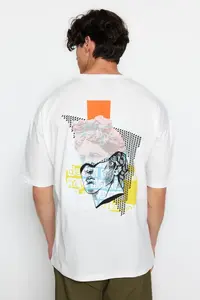 MAN Ecru Unisex Oversized/Wide Cut Art Back Printed Knitting T-Shirt - Image 3