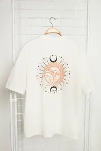 MAN Ecru Oversized/Wide Cut Short Sleeve Mystic Printed 100% Cotton T-Shirt - Image 2