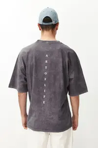 MAN Anthracite Oversized/Wide Cut Faded Effect Text Printed 100% Cotton T-Shirt