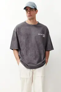 MAN Anthracite Oversized/Wide Cut Faded Effect Text Printed 100% Cotton T-Shirt - Image 2