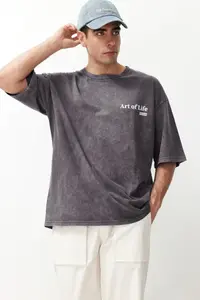 MAN Anthracite Oversized/Wide Cut Faded Effect Text Printed 100% Cotton T-Shirt - Image 3