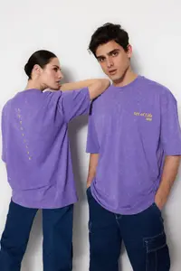 MAN Lilac Oversized/Wide Cut Faded Effect Text Printed 100% Cotton T-Shirt