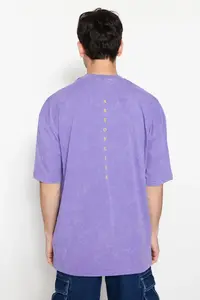 MAN Lilac Oversized/Wide Cut Faded Effect Text Printed 100% Cotton T-Shirt - Image 2