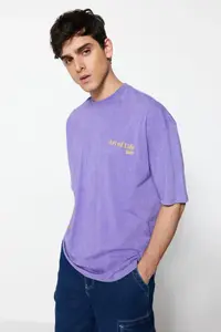 MAN Lilac Oversized/Wide Cut Faded Effect Text Printed 100% Cotton T-Shirt - Image 3