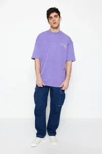 MAN Lilac Oversized/Wide Cut Faded Effect Text Printed 100% Cotton T-Shirt - Image 4