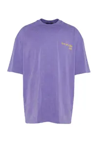 MAN Lilac Oversized/Wide Cut Faded Effect Text Printed 100% Cotton T-Shirt - Image 6