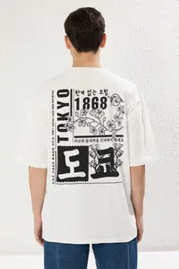 MAN Ecru Oversized/Wide Cut Far East Printed Short Sleeve 100% T-Shirt - Image 3