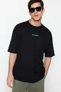 MAN Black Oversized/Wide Cut Puffy Printed 100% T-Shirt - Image 2