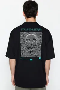MAN Black Oversized/Wide Cut Puffy Printed 100% T-Shirt - Image 4