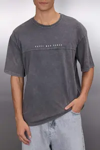 MAN Anthracite Oversized/Wide Cut Faded Effect Text Printed 100% Cotton T-Shirt - Image 3