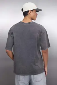 MAN Anthracite Oversized/Wide Cut Faded Effect Text Printed 100% Cotton T-Shirt - Image 4