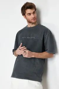 MAN Anthracite Oversized/Wide Cut Faded Effect Text Printed 100% Cotton T-Shirt - Image 5