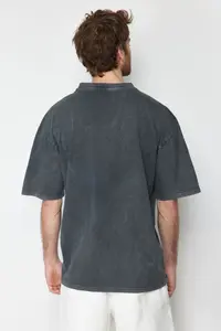 MAN Anthracite Oversized/Wide Cut Faded Effect Text Printed 100% Cotton T-Shirt - Image 6