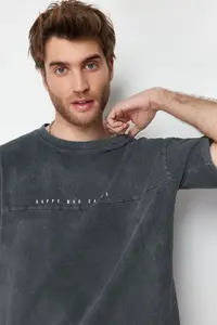 MAN Anthracite Oversized/Wide Cut Faded Effect Text Printed 100% Cotton T-Shirt - Image 8