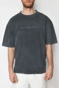 MAN Anthracite Oversized/Wide Cut Faded Effect Text Printed 100% Cotton T-Shirt - Image 9