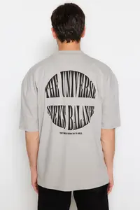 MAN Gray Oversized Raised Text Printed 100% Cotton T-Shirt